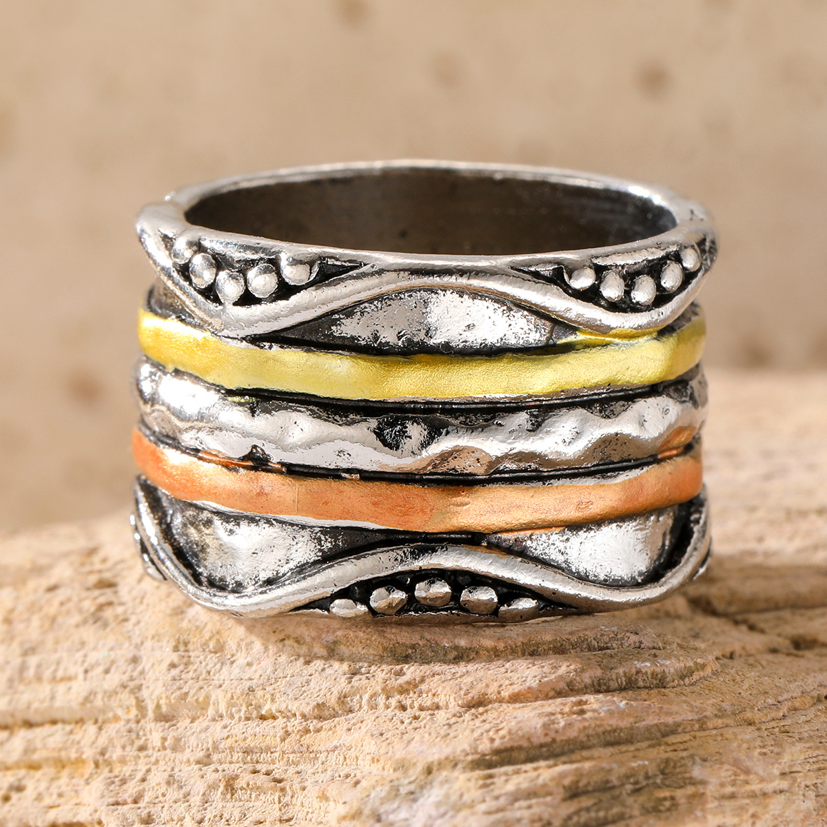 TEMU Anillo bohemio vintage para mujer con diseño de esfera grabada, martillada y bobinado de , uso diario para reuniones y fiestas, joyería para