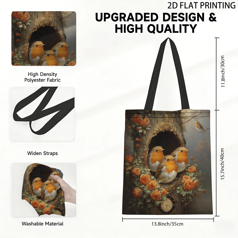 TEMU 1pc Christmas Robins And Roses Tote Bag Suitable For Daily Use, Commuting, Office, Travel - Large Washable Handbag With Robins & Roses Print,