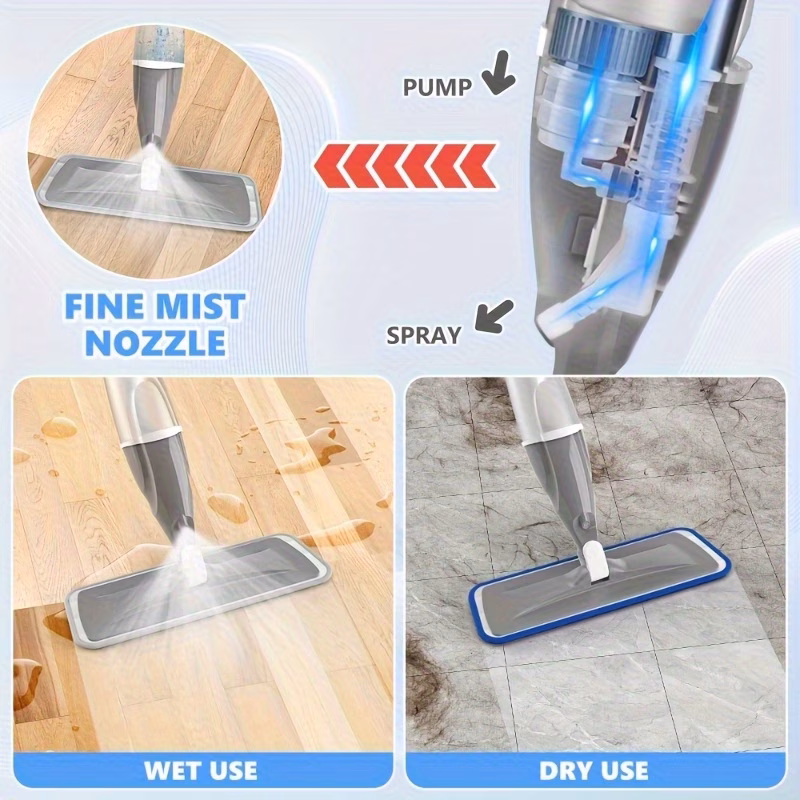 a spray mop for floor cleaning featuring a microfiber floor mop a wet dust mop for hardwood floors a flat mop floor cleaner a reusable bottle and with 2 washable pads suitable for wooden tiles decorative panel flooring Product details 4