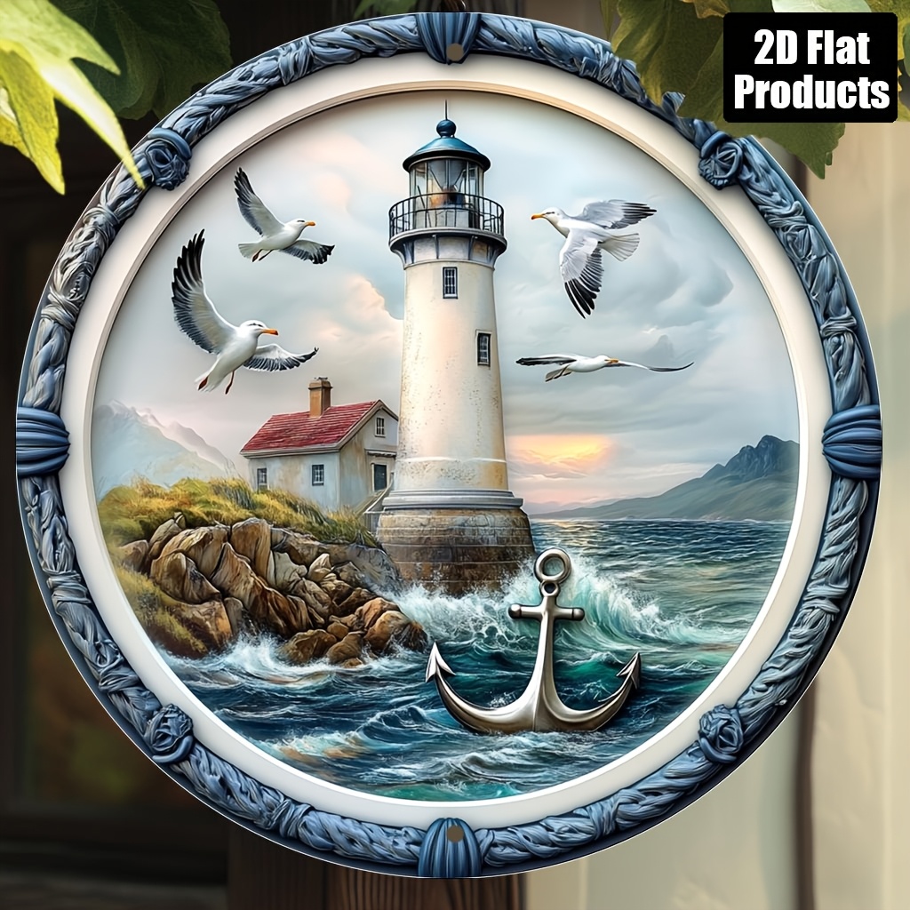 TEMU 2d Flat, 2d Flat Surface, Wooden Material, Suitable For Holidays, 1pc Vintage Lighthouse And Seagull Round Wall Art, Suitable For Home, Bar,