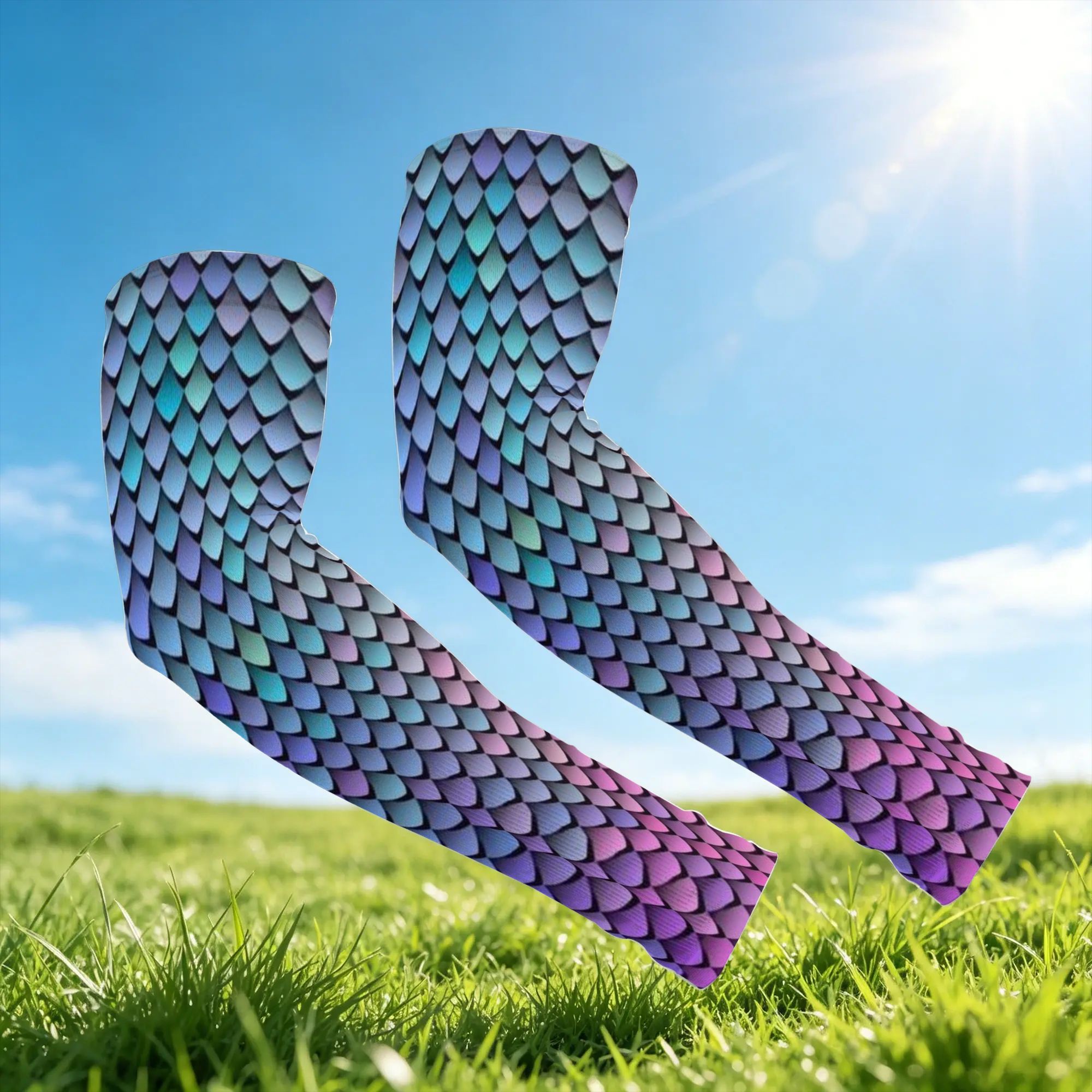 TEMU Printed Design-not Textured 2d Printing 1 Pair Purple Blue Mermaid Scales Compression Arm Sleeves Ice Arm Sleeves Unisex, Cooling And Breathable