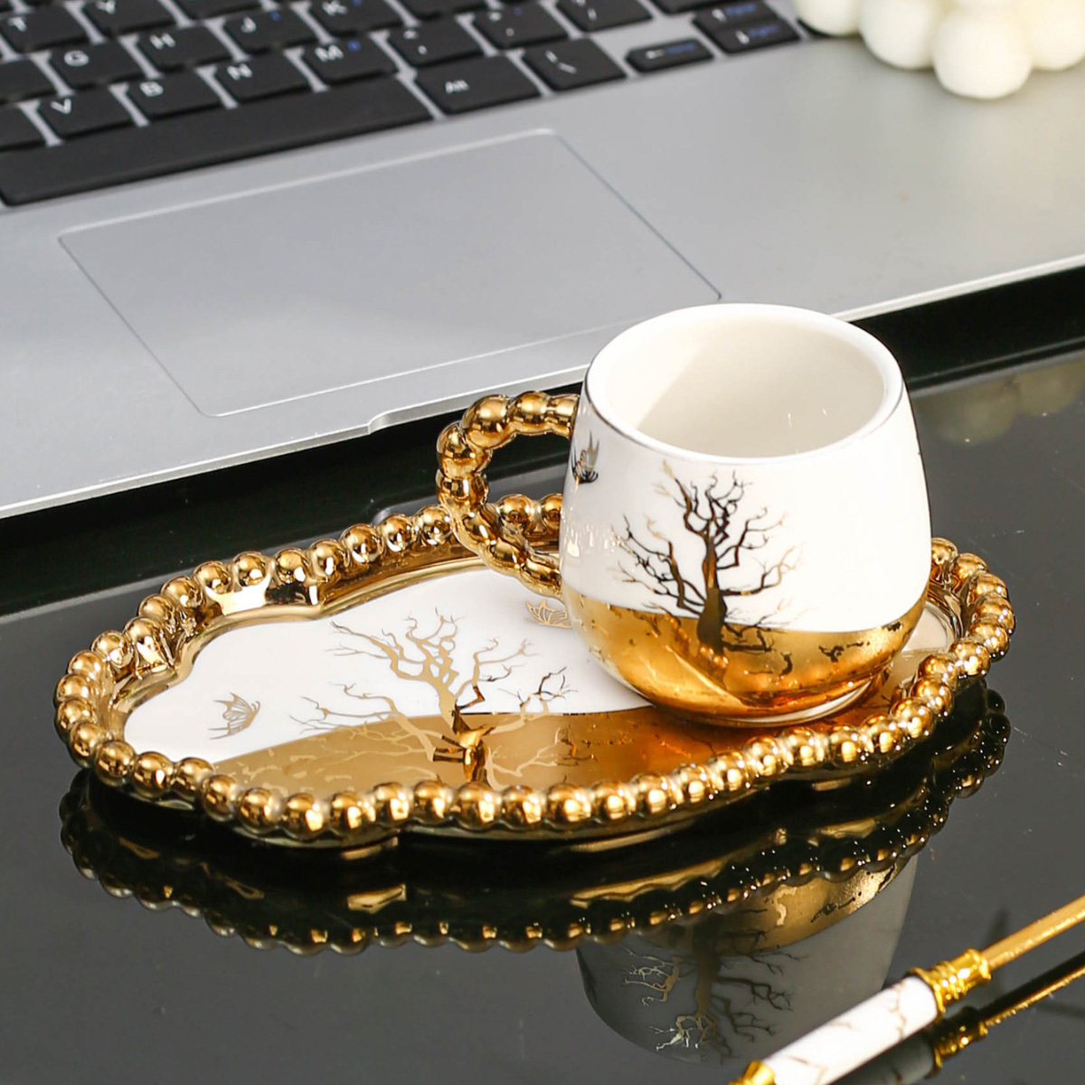 Image of 1set Ceramic Coffee Cups And Plates For Home Kitchen, Dining Room, Living Room, Cups And Plates For Tea, Coffee, Milk, , Suitable For Outdoor Weddings, Parties,, Birthdays