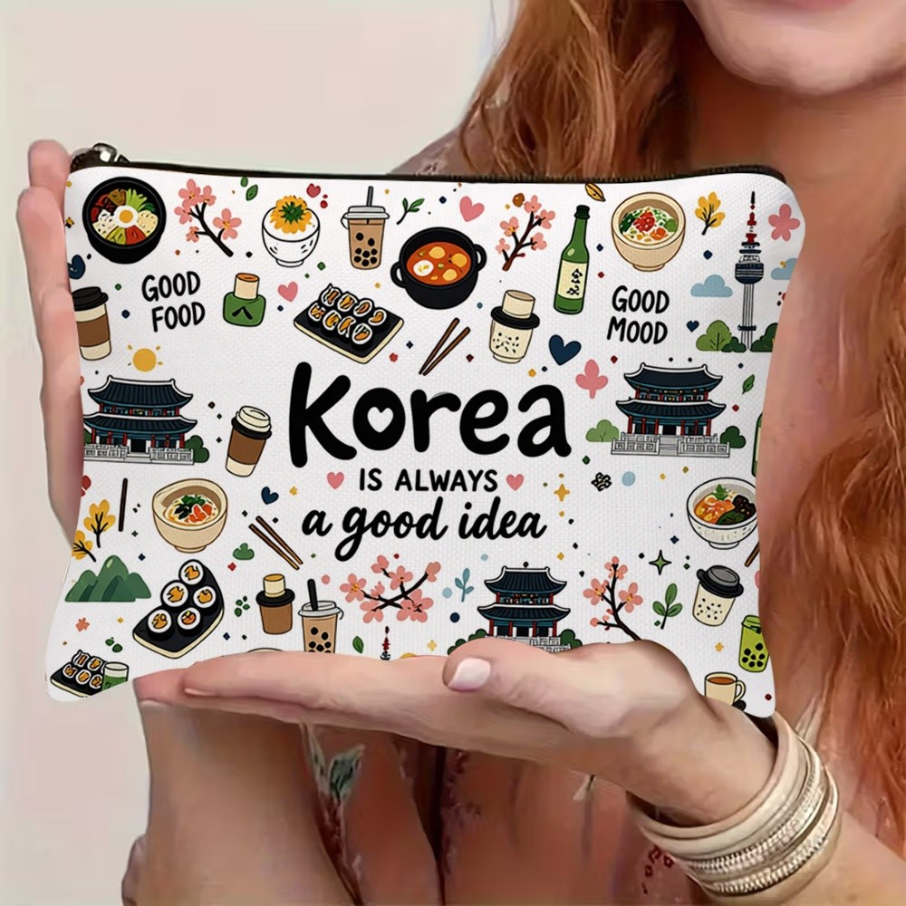 TEMU 1pc 2d Flat Printed Korean-themed Cosmetic Bag, Vibrant Cartoon Style With "korea Is A " Slogan. Features N , Traditional Pagodas, Cherry
