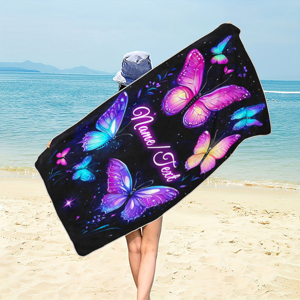 TEMU 1pc Personalized Towel On A Black Background - Soft, Highly Absorbent Microfiber, Lightweight, Ideal For Beach , Parties, Travel, And Camping -