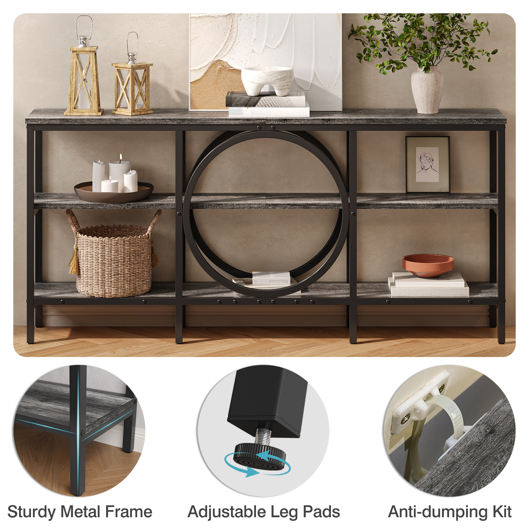 Industrial Farmhouse Console Table - Extra Long 66.9 Inch Narrow Sofa Table with 3-Tier Reclaimed Wood Shelves & Sturdy Metal Frame, Space-Saving Storage Cabinet for Entryway, Hallway, Living Room - Easy Assembly, 50lb/Shelf Capacity, Entryway Organizer | Industrial Chic | Elevated Metal Legs