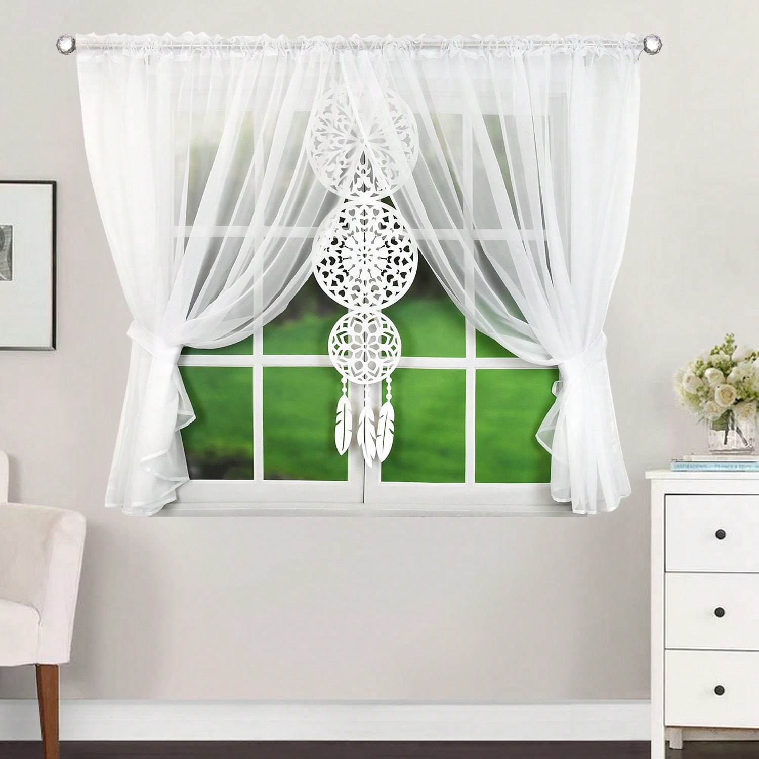 Image of Nordic Minimalist Style Breathable Curtains, 2pcs, Hollow Geometric Pattern Decoration, Light And Transparent Tulle Texture, , Suitable For Living Room Or Dining Room, 400 X 150 Cm