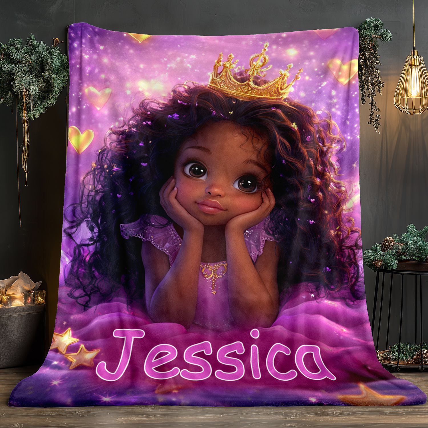 TEMU Couverture de Princesse Personnalisée pour Filles - Jeté en Flanelle avec Motif d'Étoiles et Cœurs Scintillants - Nom Personnalisé "Jessica" -