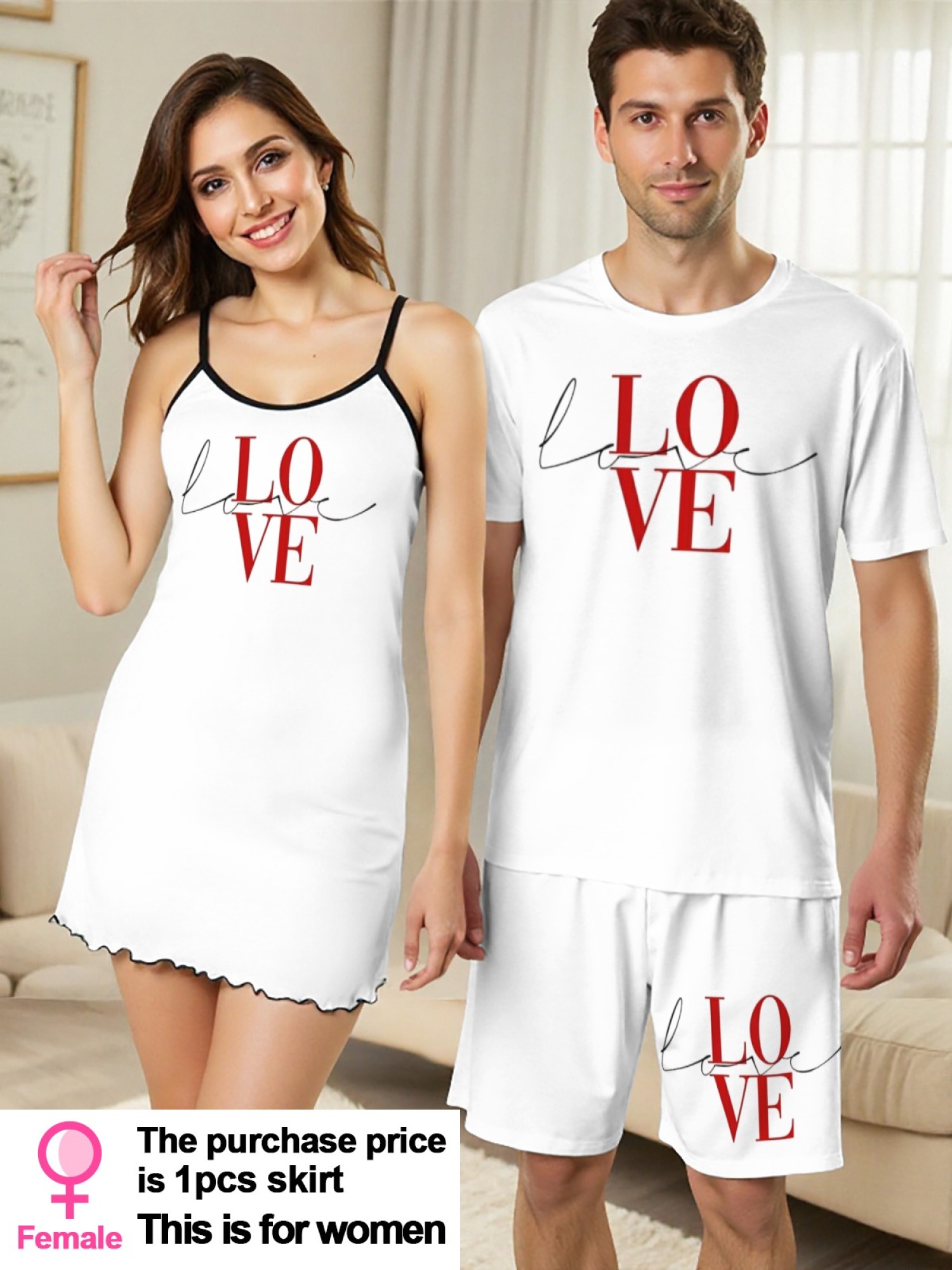 MEN/WOMEN Love Print Couple's Set - Men's Short Sleeve Shorts Set or Women's Camisole Nightgown Dress (1pc) - Soft, Breathable Fabric with a Crew Neck T-Shirt and Elastic Waist Shorts - Comfortable Pajamas, Casual Loungewear - The Perfect Gift