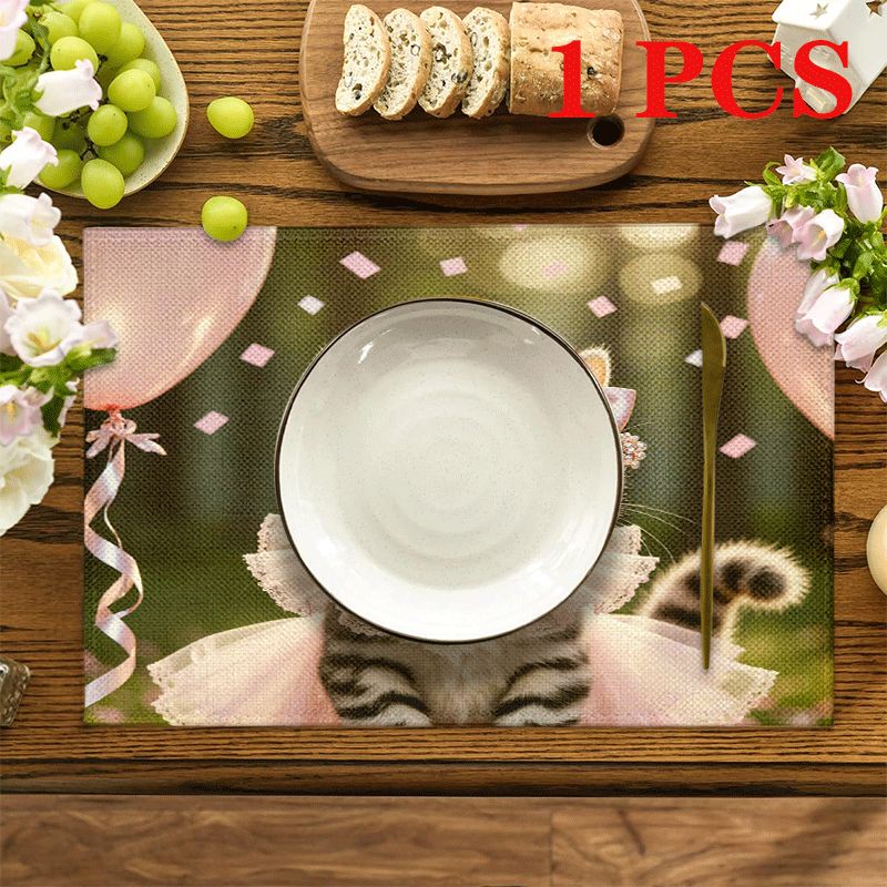 Lot de 1/4/6 sets de table rectangulaires - 30,48 x 45,72 cm - Sets de table rose chaton pour anniversaire avec motif 2D, sets de table en polyester résistant et lavable_voghion.com
