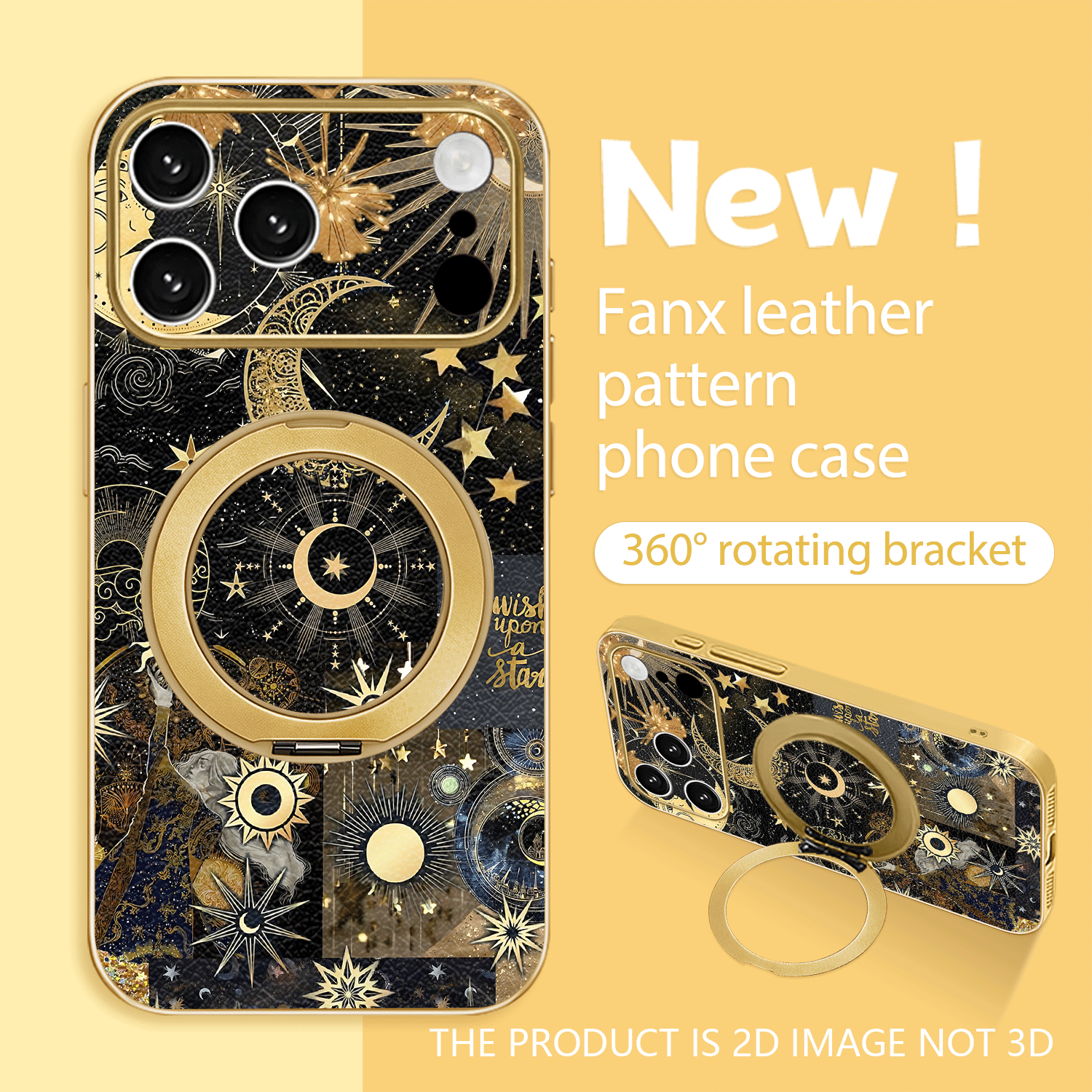TEMU Phone Case: New Metallic Paint Synthetic Leather Phone Case With 360° Rotating Ring Stand, Star Moon Gilded Dream Pattern For Iphone