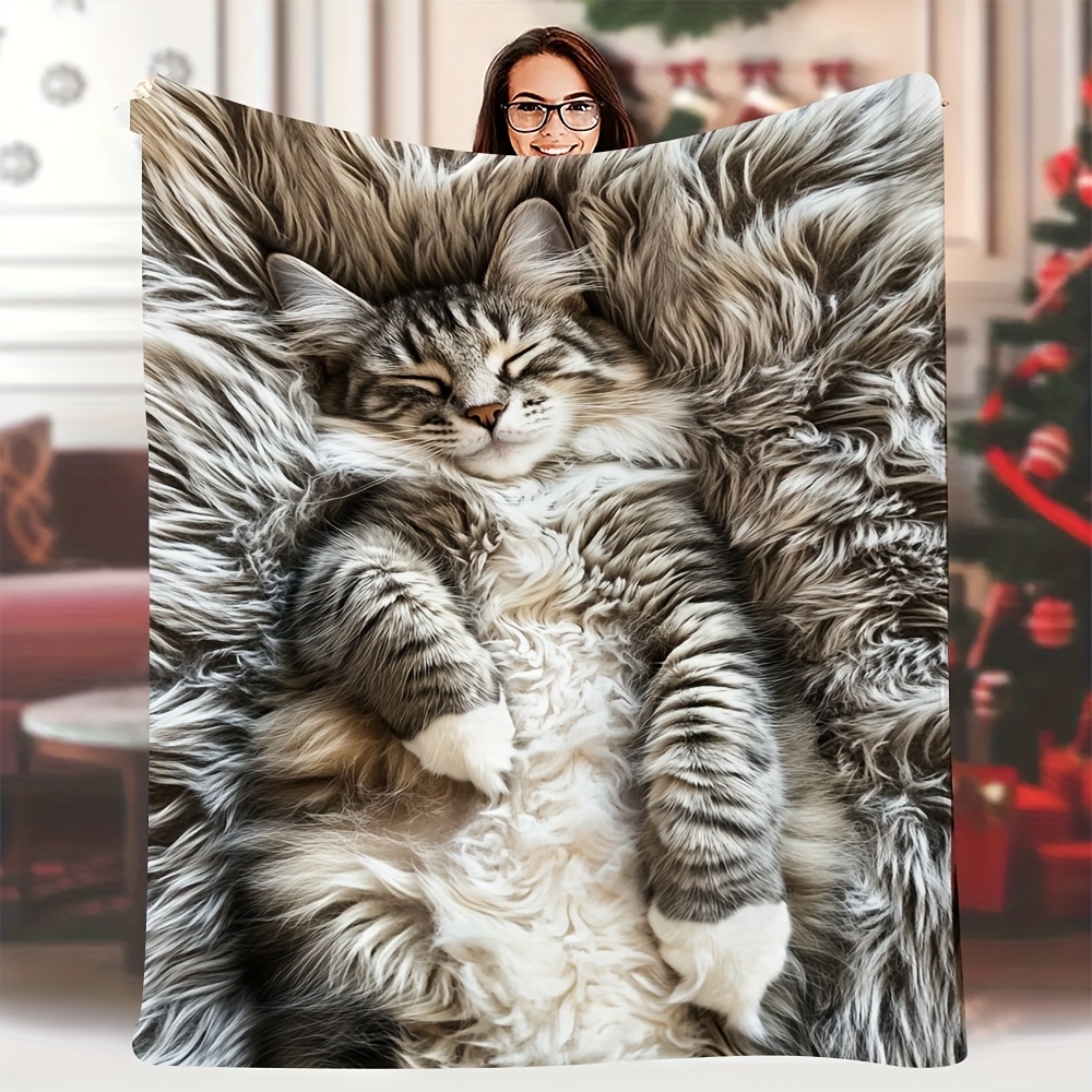 TEMU Extra-large Blanket 152.4x203.2 Cm- A Fluffy Forest Cat Sleeping On Its Back, And Comfortable Blanket, Suitable For Sofas And Outdoor Use-