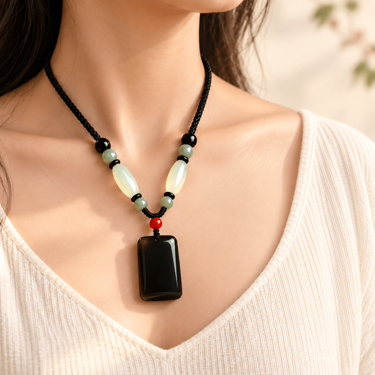 Obsidian Plain Pendant Necklace, Unisex Vintage Design