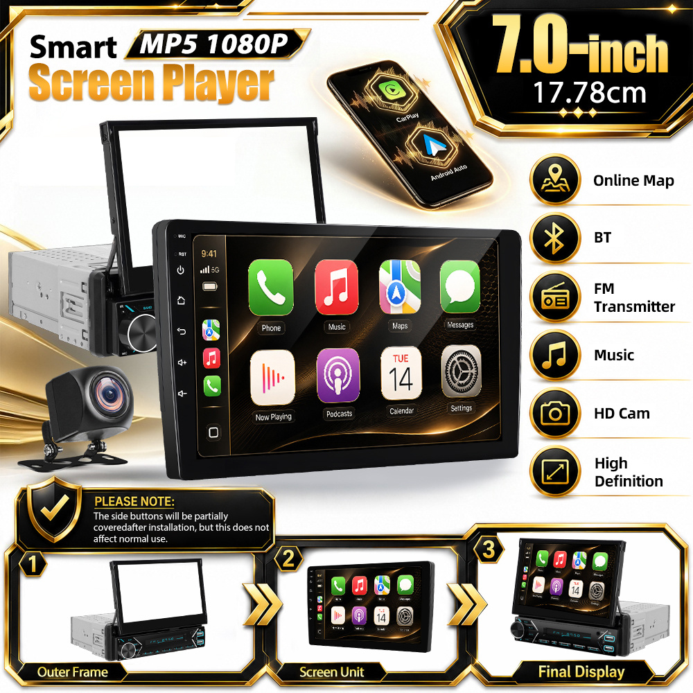 [dab+] 7 Inch Electric Retractable Screen Car Stereo Radio With And Auto, Wired , Bluetooth, Usb, Type-c, Steering Wheel Control, Digital Audio Broadcasting (dab+)car Accessory+camera Optional