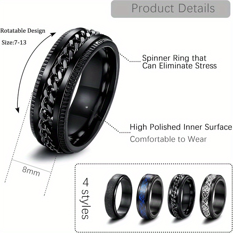 4pcs anxiety ring spinner fidget rings for anxiety dragon ring black 316 316l stainless steel rings for men women Product details 3
