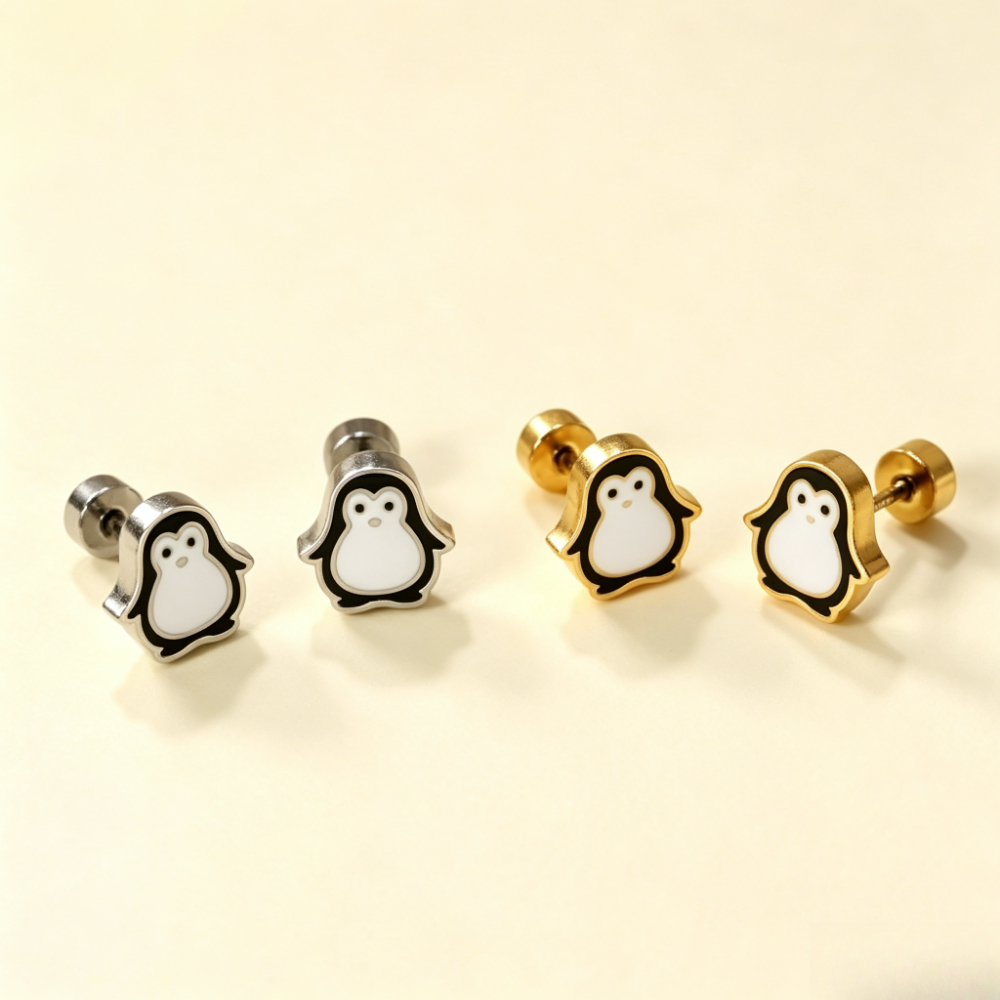 Penguin Stud Earrings in 316L Stainless Steel, Cute Animal Design