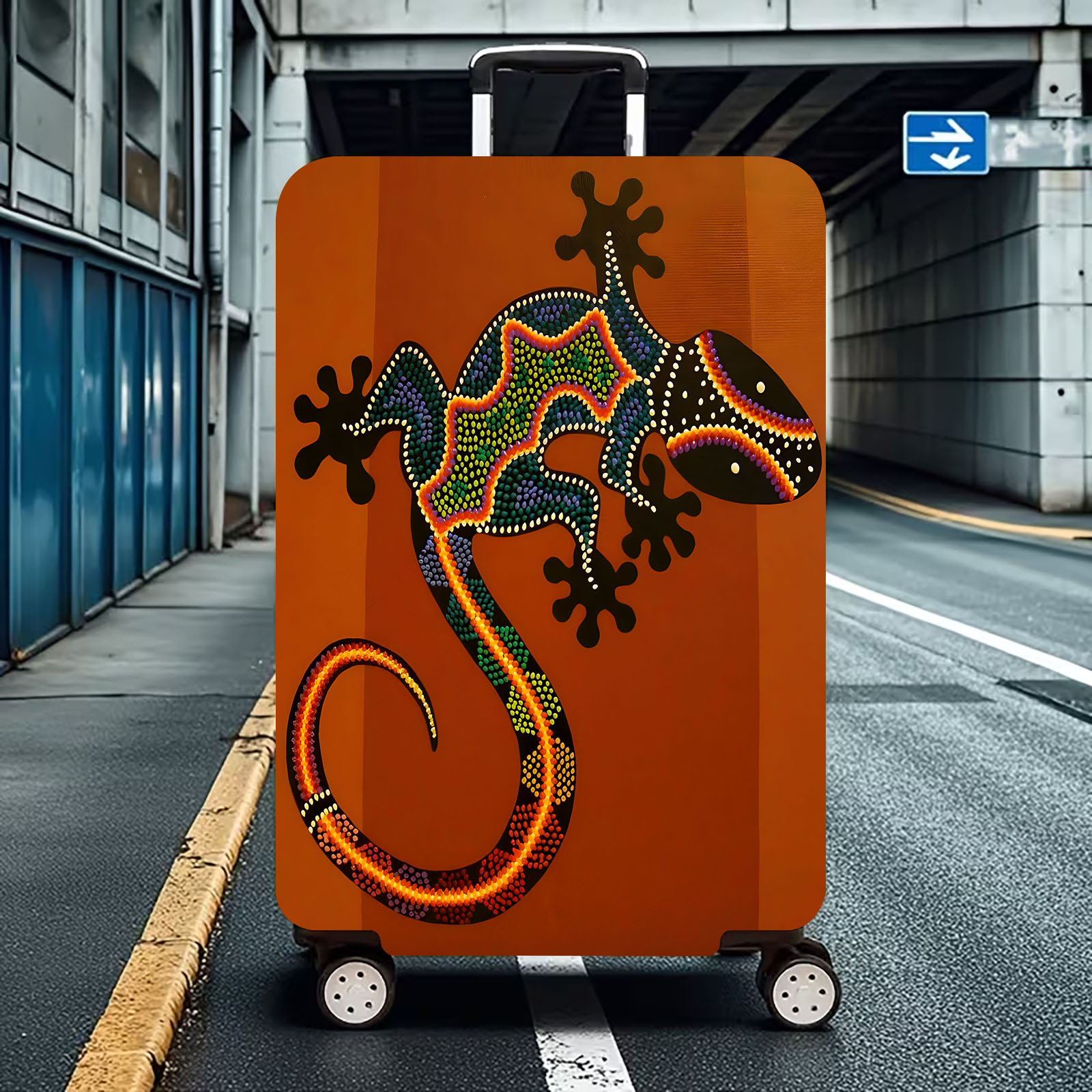 a single item a printed polyester luggage cover featuring a dotted lizard design luggage not included elastic reusable luggage protector suitable for business trips   travel and back to school   color to your luggage