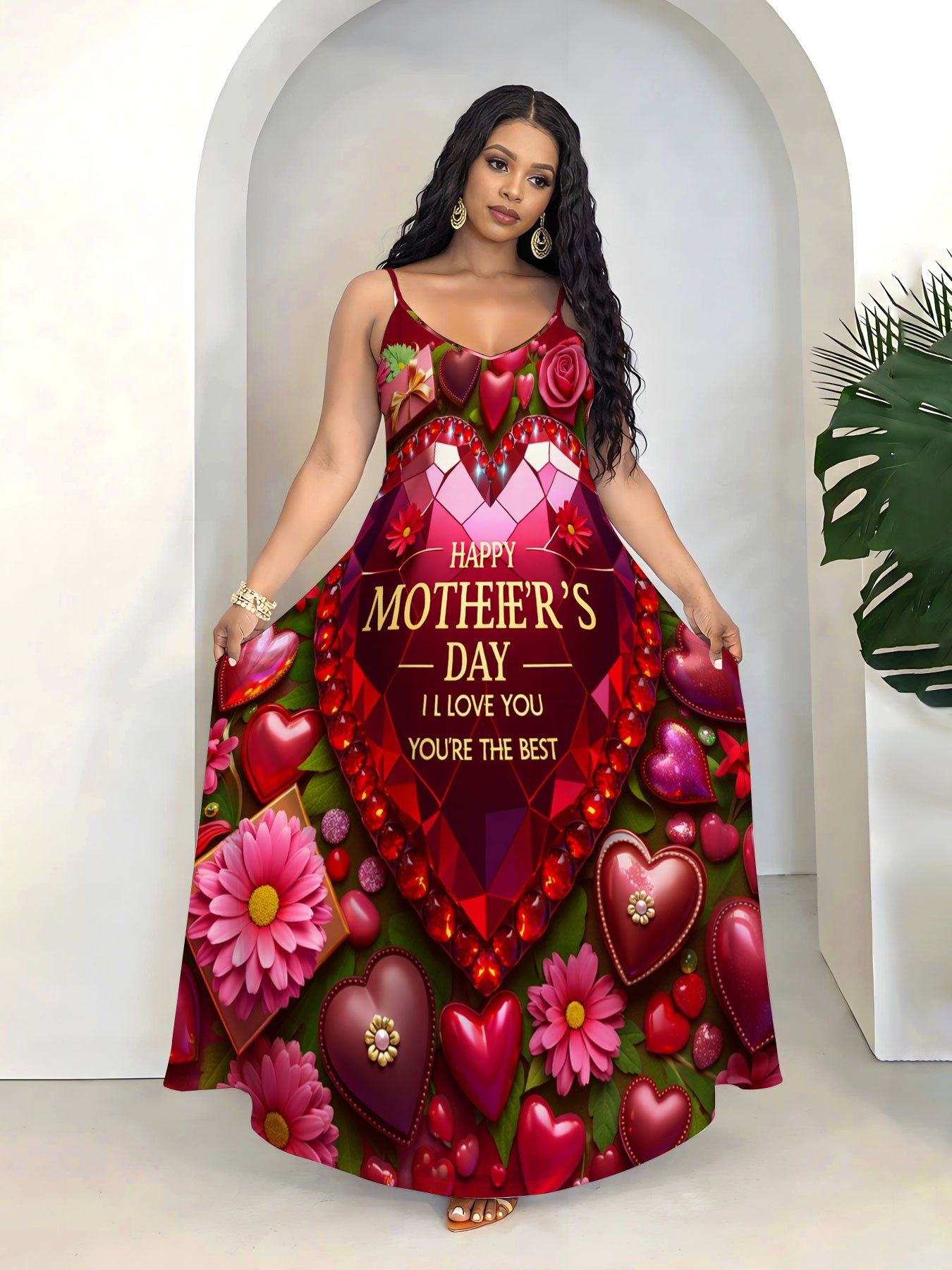 Plus Size Women's Fashionable Mother's Day Floral Heart and Red Rose  Printed Shoulder Suspender Dress * Sleeveless Long Aline Skirt * for Spring  And Summer, Ideal for Casual Sports Occasions