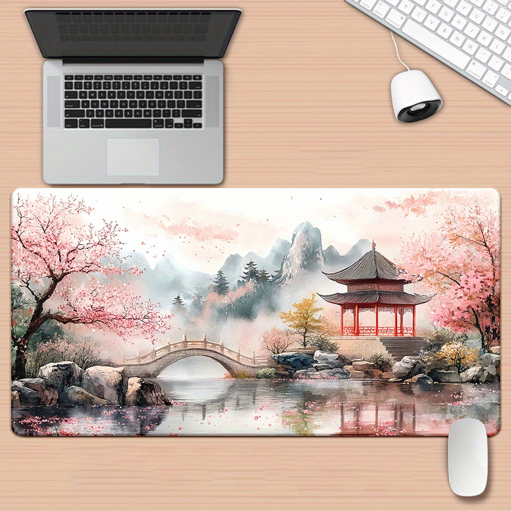 TEMU 1pc Tapis de Bureau Imprimé HD Pavillon Shanshui, Tapis de Souris Multifonction XXL, Tapis de et Souris pour Gaming, Tapis de Bureau pour PC et