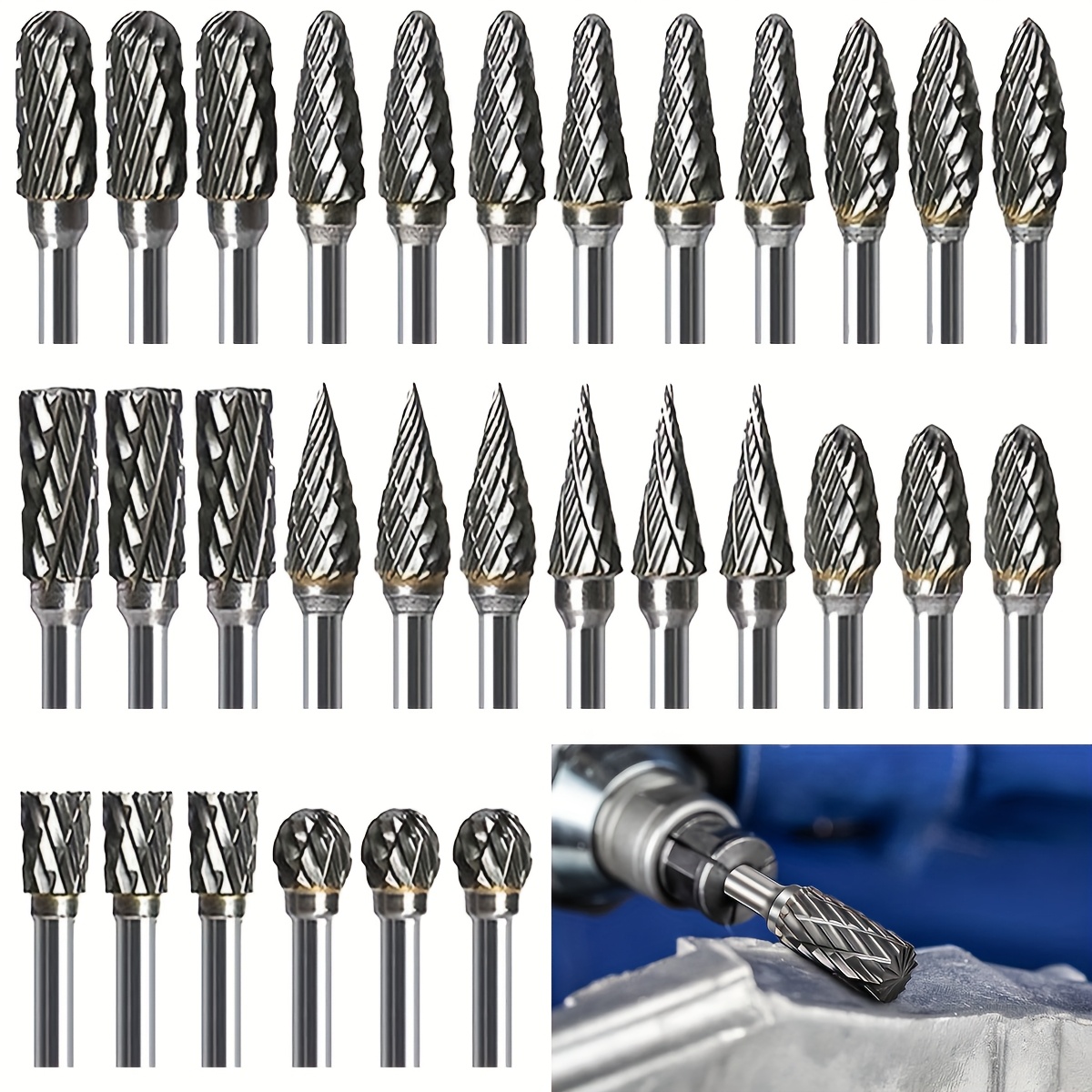 TEMU 30pcs Rotary File Set Die Grinder Bits With /8-inch Shank Versatile For Diy Woodworking, Carving, Plastic Drilling, Metal Polishing & Professional Multi-material Tools