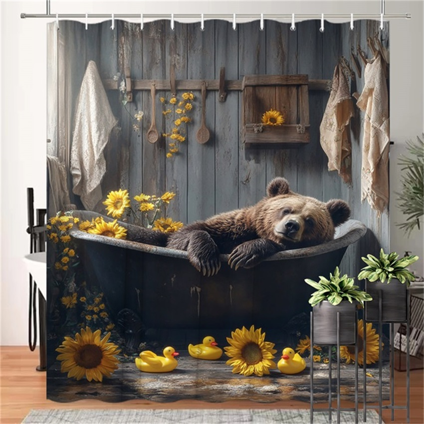 TEMU 1pc Brown Bear In Bathtub With Sunflowers Shower Curtain Digital Artwork Of Relaxed Bear In Vintage Bathtub Surrounded By Sunflowers Whimsical