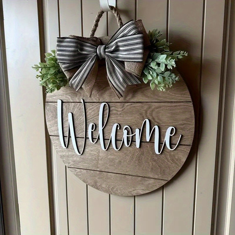 

Rustic Welcome Sign For Front Door - Brown Wooden Wreath With Striped Bow, Artificial Greenery | Wall Hanging Decor For Farmhouse, Home Bar, Indoor & Outdoor