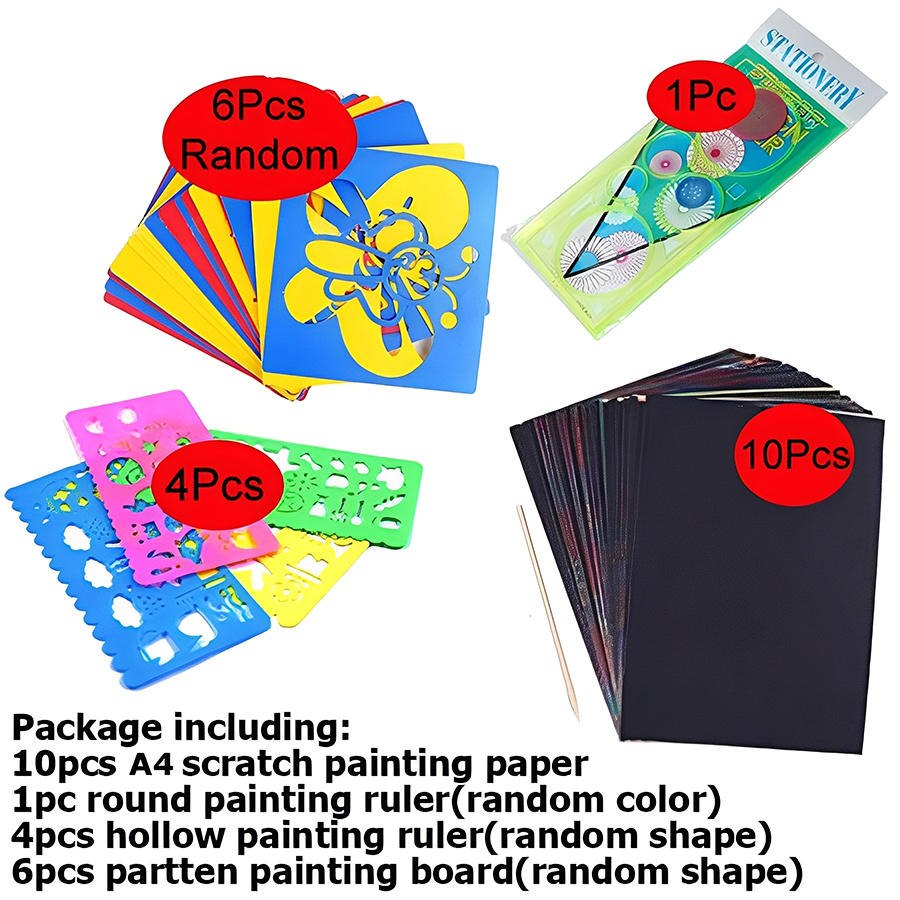 Image of 21pcs Scratch Art Set Diy Creative Hollow Painting Ruler(style Random) Imaginative Painting Cardboard Student Reward Gifts School Office Supplies