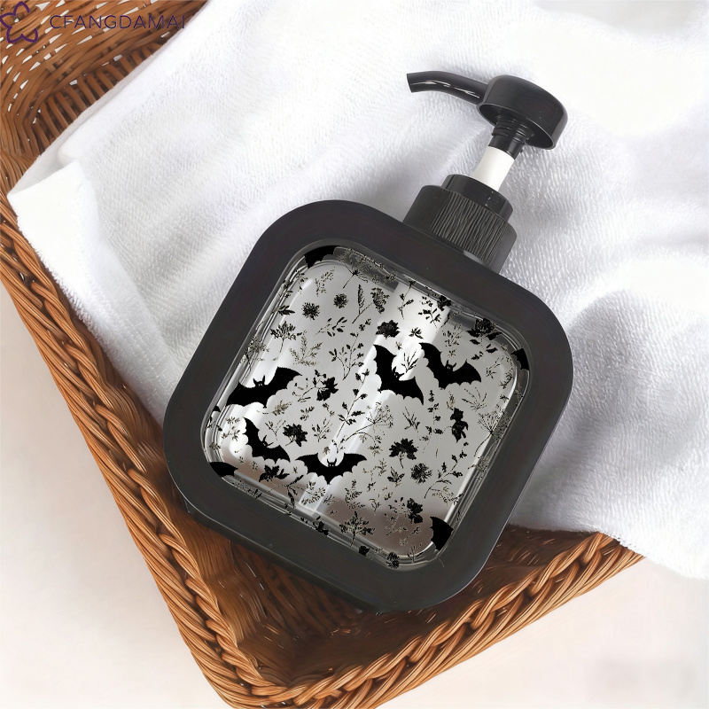 TEMU 1pc Creative Bathroom Dispenser With Hand Pump - Vintage Gothic Bat And Floral Pattern, Scalloped Design, Print For Soap Lotion