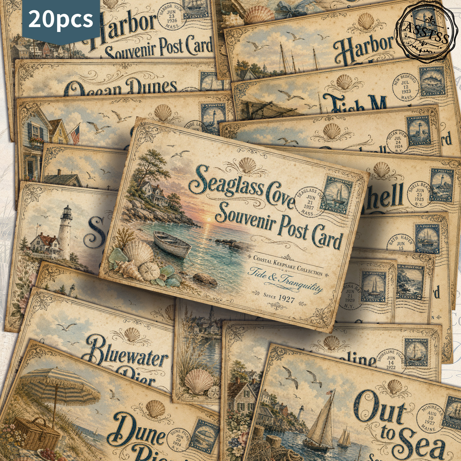 TEMU 20-pack Asstss Vintage Seaside Town Postcards Suitable For Scrapbooking & Crafting - Retro Pinup Suitable For Junk Journals, Collectible