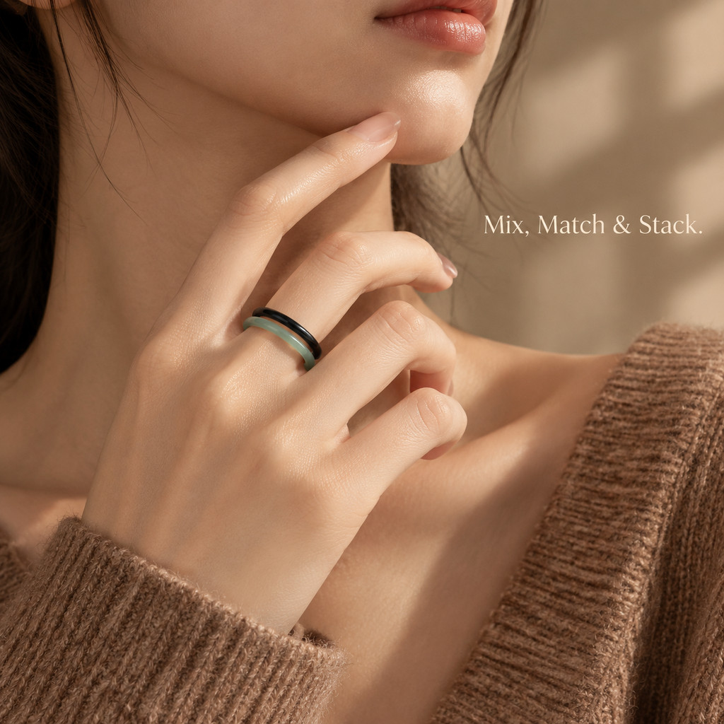 2pc Natural Stone Ring Set with Black & Green Agate