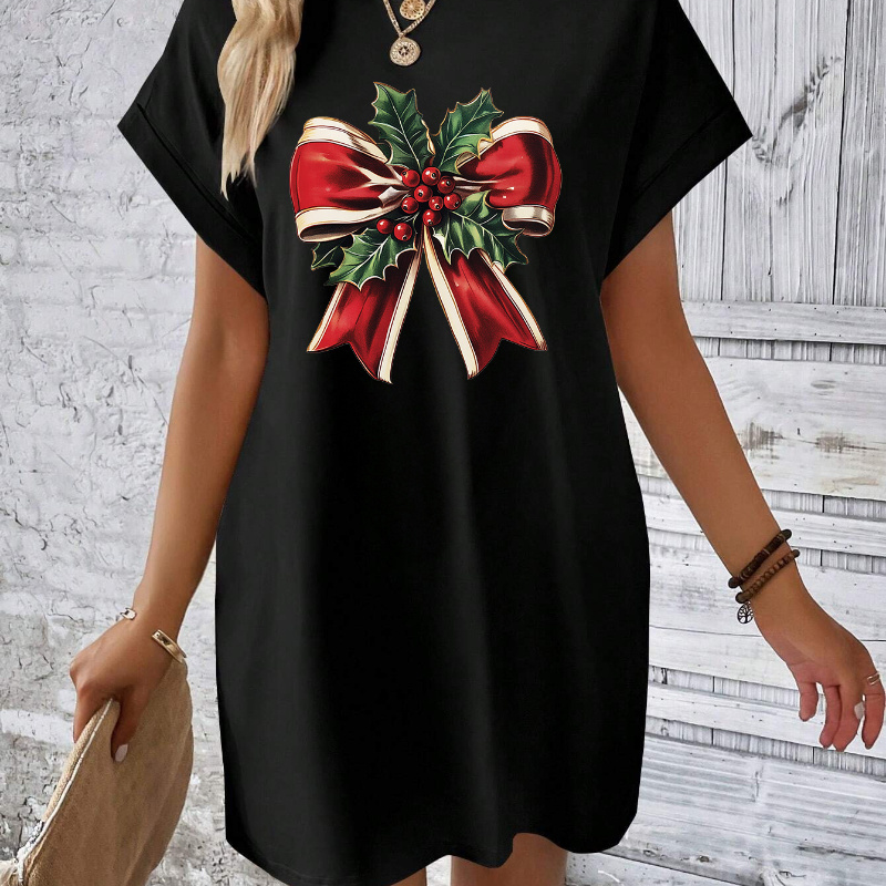 

Women's Casual Christmas Bow Print T-shirt Dress With Batwing Sleeves And Pockets - Stretchy Polyester , Machine Washable