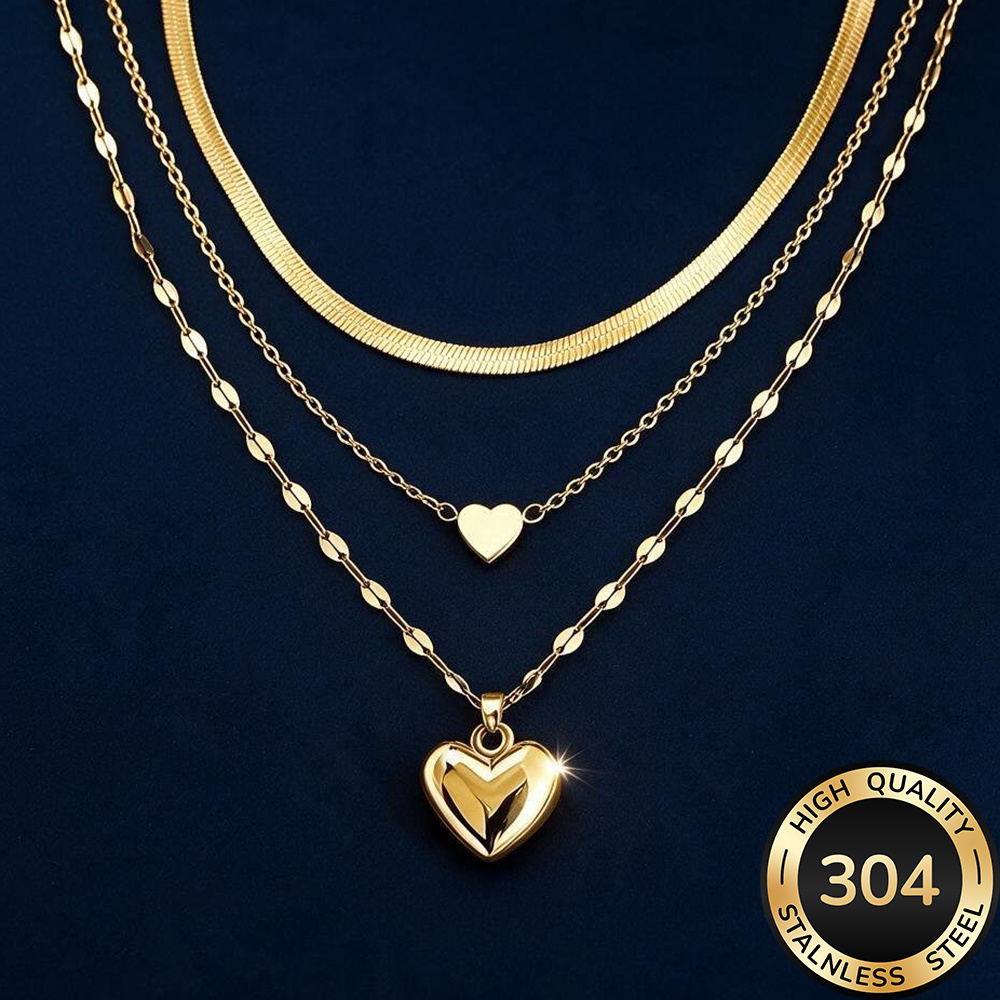3-delige kettingenset, hoogwaardige 304 roestvrijstalen hypoallergene gouden ketting, gepolijst, KC, aanslagwerend, eenvoudig en elegant, modieuze damesketting geschikt voor dagelijks gebruik of feesten, sieraadaccessoire, een delicaat cadeau voor vrouwen