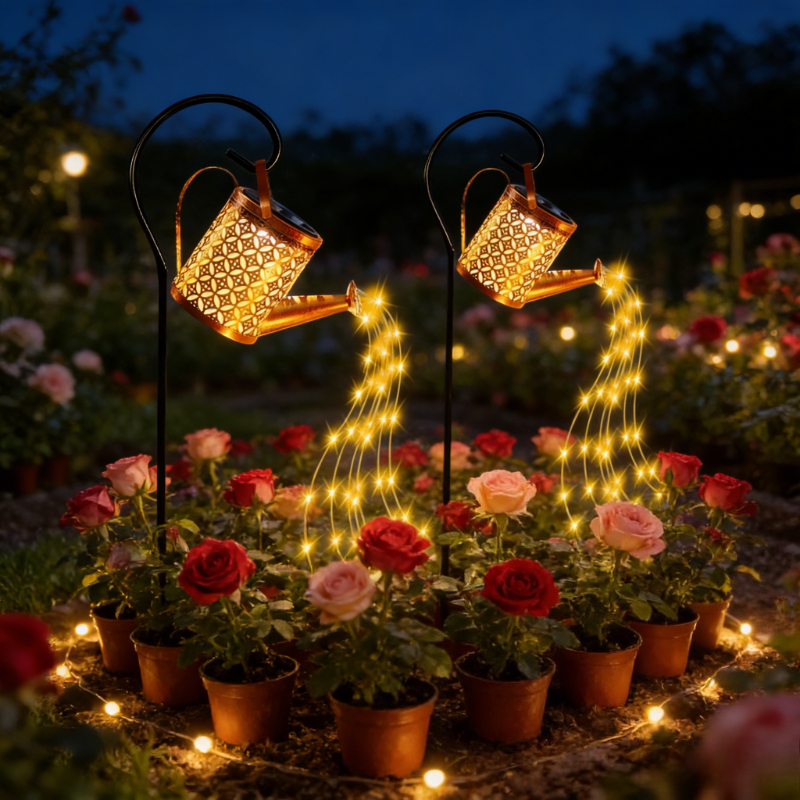 E-shop 4er-Set Solar-Gießkannenlichter (2 Gießkannen + 2 Hirtenstäbe), Warmlicht/Farblicht, Außenlichtsensor mit automatischer Ein-/Ausschaltung.