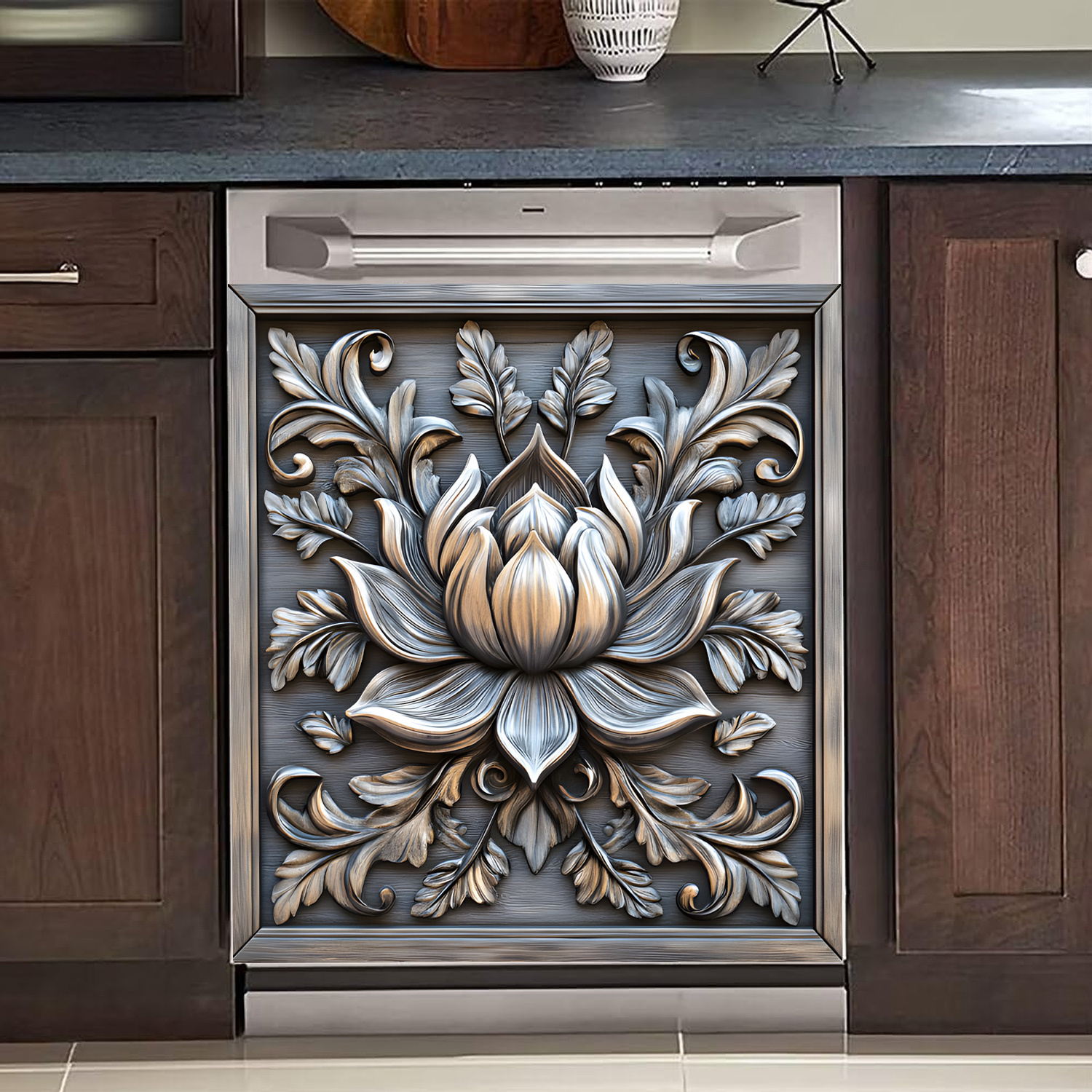 

Magnetic Cover For Dishwasher Doors Featuring A 3d Embossed - A Printed Art Piece Kitchen Decor, Without Glue, Suitable For Standard Dishwashers, Intended For Indoor Use, In A Vertical Landscape .