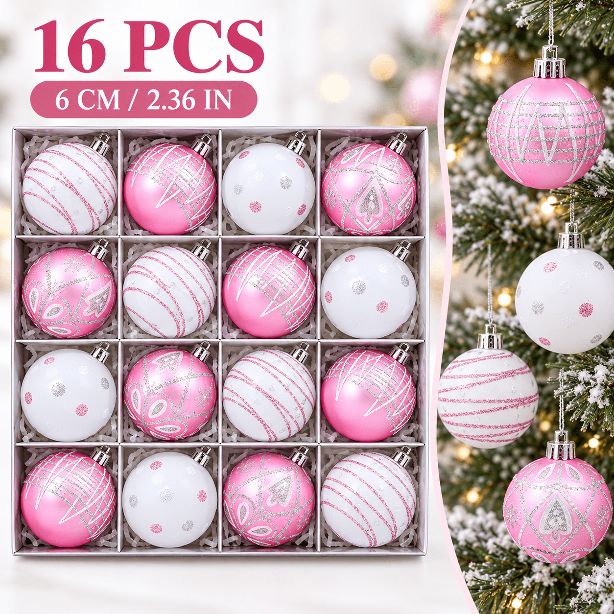 TEMU 16pcs 6cm Christmas Painted Ball Ornaments, Pink And White With Silvery Glitter, Christmas Tree Decorative Balls, Holiday Party Window And Home