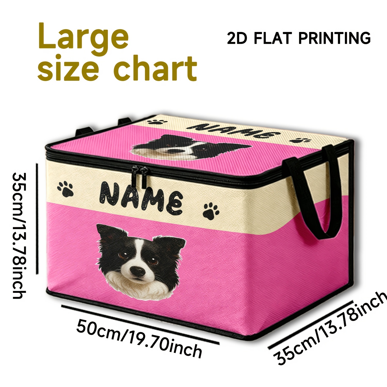TEMU 1pc Personalized Storage Box With Custom Picture And Name, Featuring A Paw Print Design On , Reinforced Handles, And Zipper â Foldable