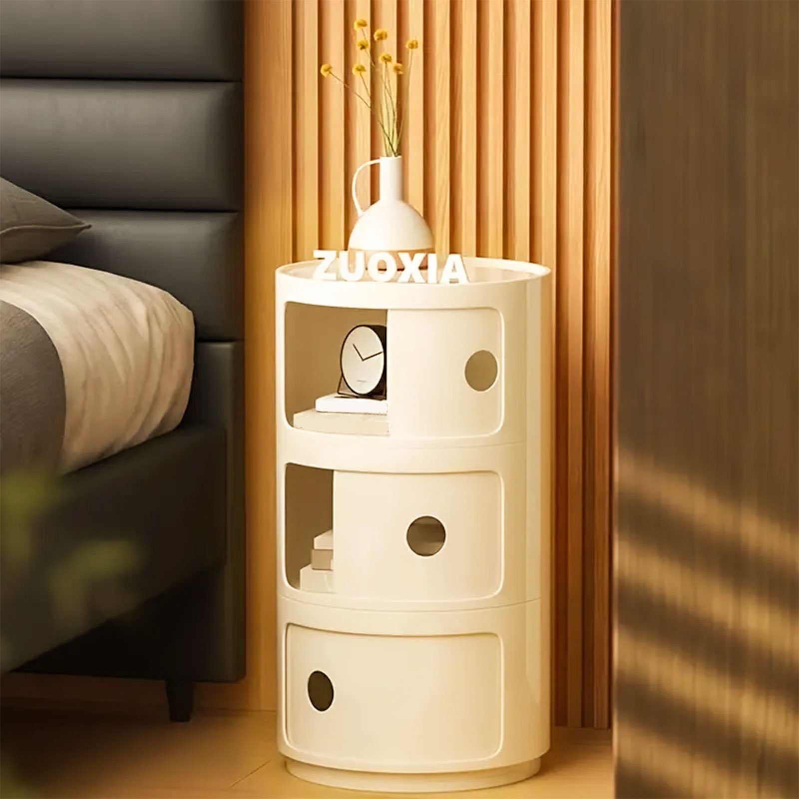 Image of 3-tier Round Bedside Table | Narrow Plastic Storage Cabinet, Vintage Style, No Installation Required, Suitable For Living Room And Bedroom, Small Space, Nhopeew Brand