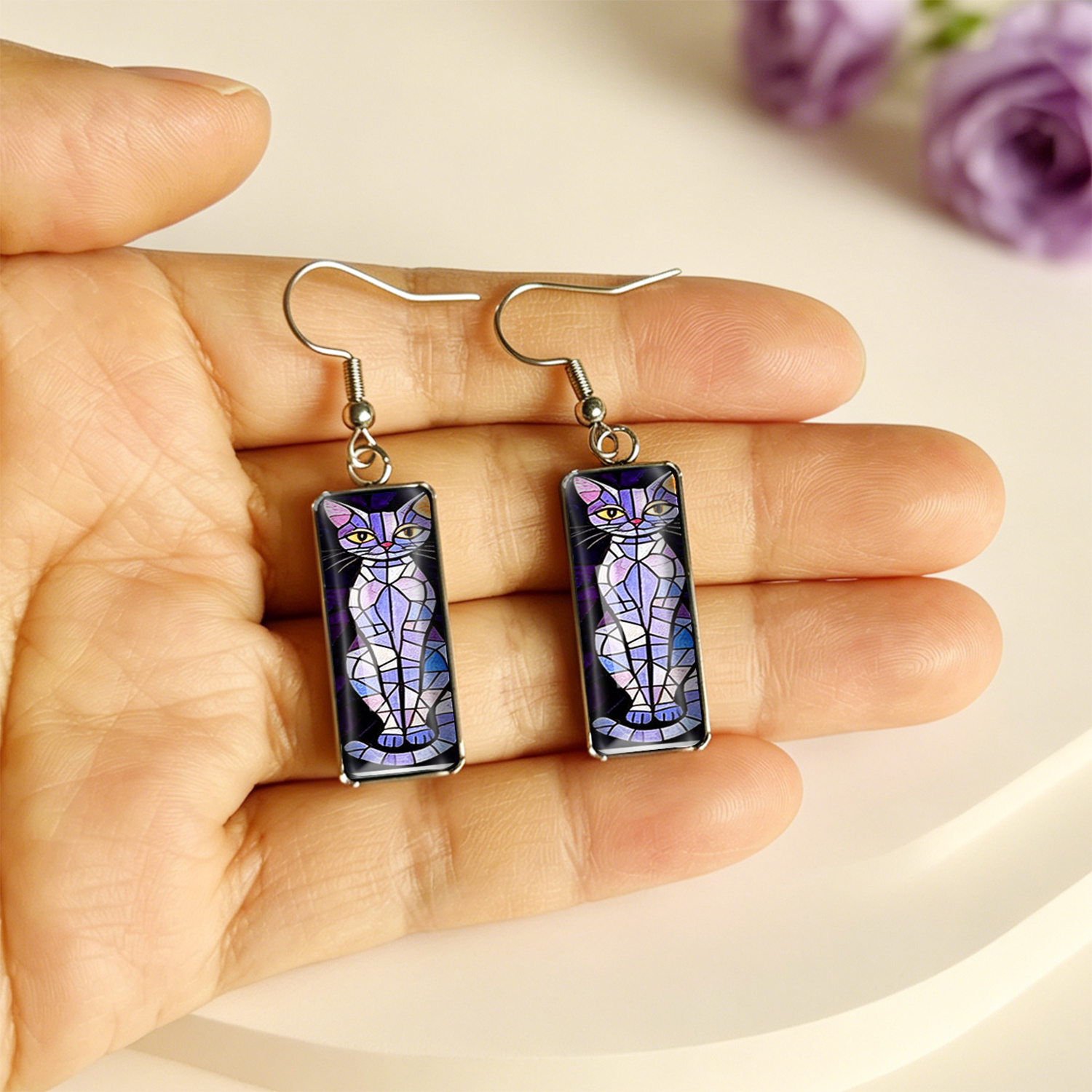 Retro Cat Stained Glass Rectangular Time Gem Earrings