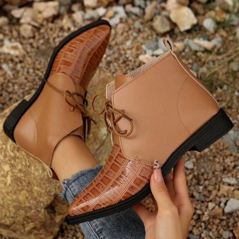 Image of Pointed Toe Block Heel Ankle Boots For Women With Crocodile Embossed Decorative Panels On Low Block Heel Design Ankle Boots Suitable For Autumn Shopping And Daily Street Style Outfits, Women Shoes