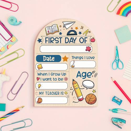 2d flat 1pc wooden printed first day of school decorative sign wood back to school gift can record name and date information with school emblem book pencil and ruler patterns 2d flat
