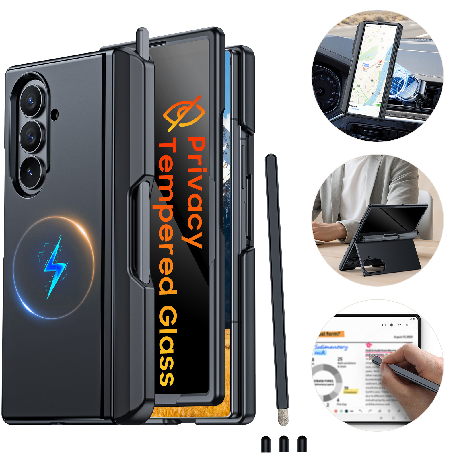 TEMU Étui de téléphone - Étui de conçu pour for Samsung Z Fold 7 (avec un stylet et trois capuchons de stylet), avec support, compatibilité avec la
