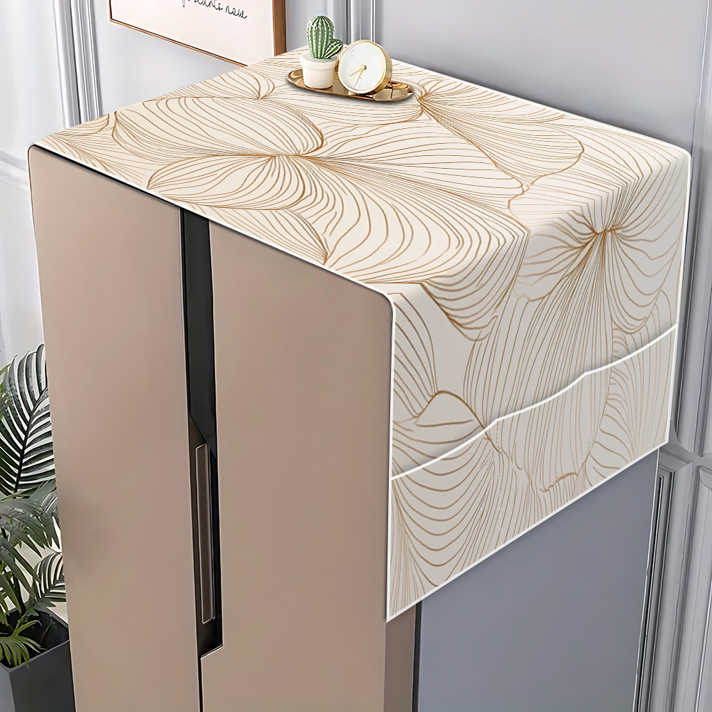 TEMU 2d Flat Refrigerator Cover With Beige Background And Golden-lined Plant Leaf Pattern. Includes A Storage Pouch For Organizing Cleaning Supplies