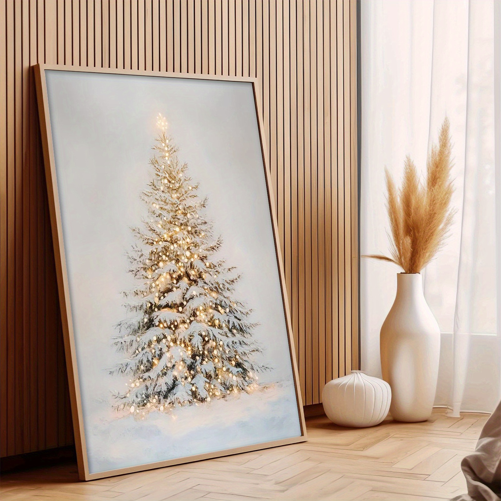 TEMU Affiche murale et plate 2D d'arbre de Noël enneigé - Impression sur toile HD cadre, d'hiver minimaliste et moderne avec lumières brillantes et