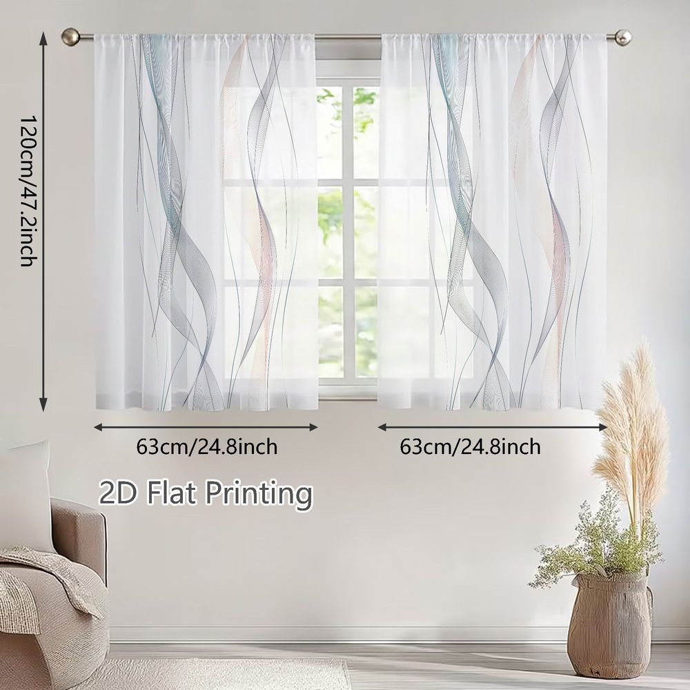 E-shop 2D-Flach, 2 Stk. kleine durchsichtige Vorhänge für Frühling/Sommer, abstrakte Wellenlinien in Hellblau, Grau zartem Rosa, für Wohnzimmer,