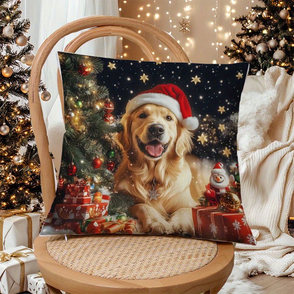 TEMU 1 taie d'oreiller pour les fêtes d'année avec des de chiens de Noël et d'arbres de Noël - Comprend un chien d'or en chapeau de Père Noël, des de