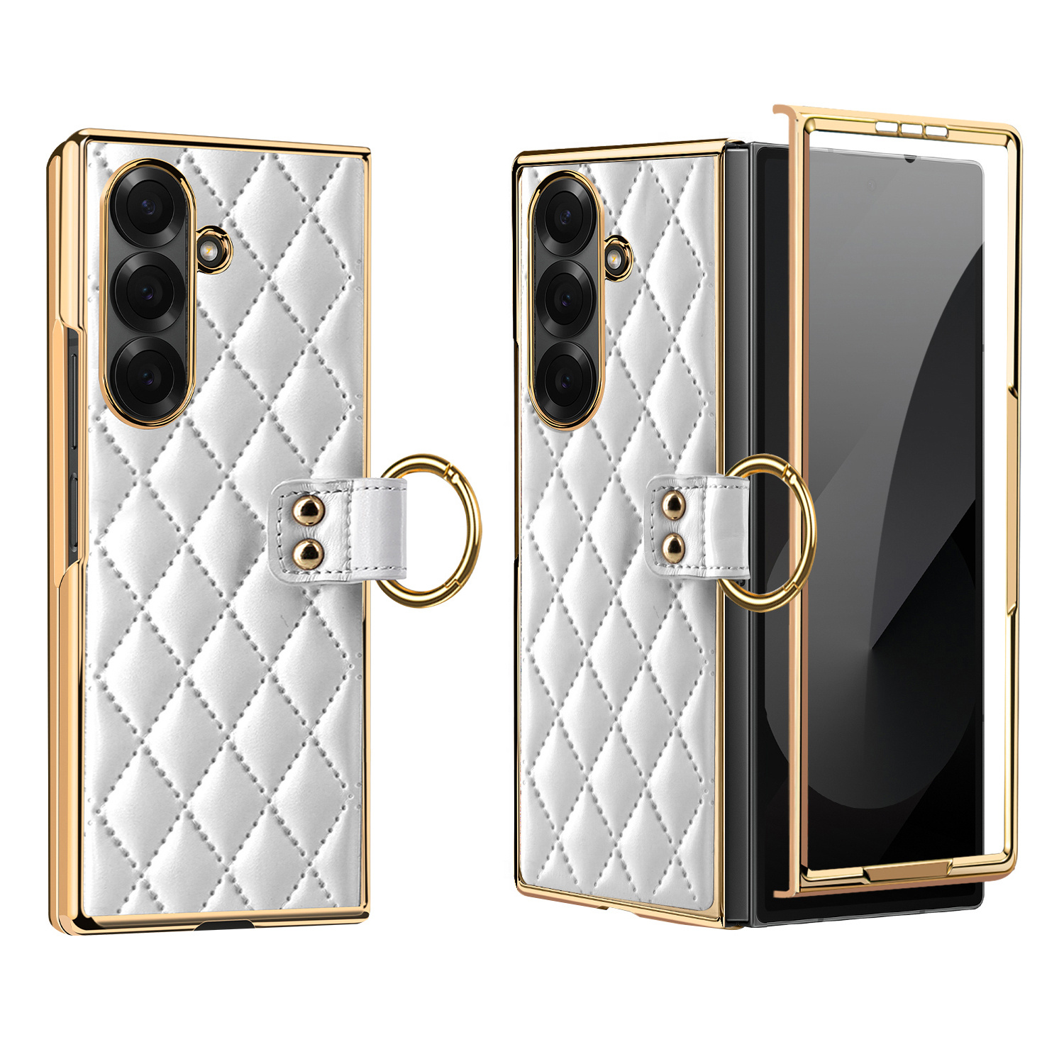 TEMU Phone Case - Phone Case For Galaxy Z Fold 8 Ultra Light Luxury Small Diamond Grid Faux Leather Electroplated Ring Wrist Strap Full Coverage Hard