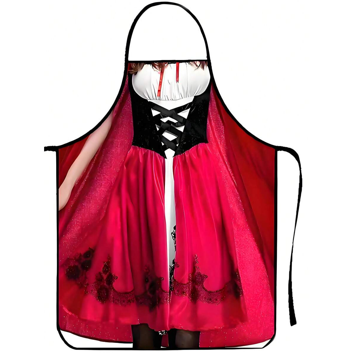 TEMU 1pc Women's Oktoberfest Maid Apron Dress, Elegant Black Dirndl Dress With Red Oktoberfest Costume Elements, Lace Sleeve Design, Suitable For