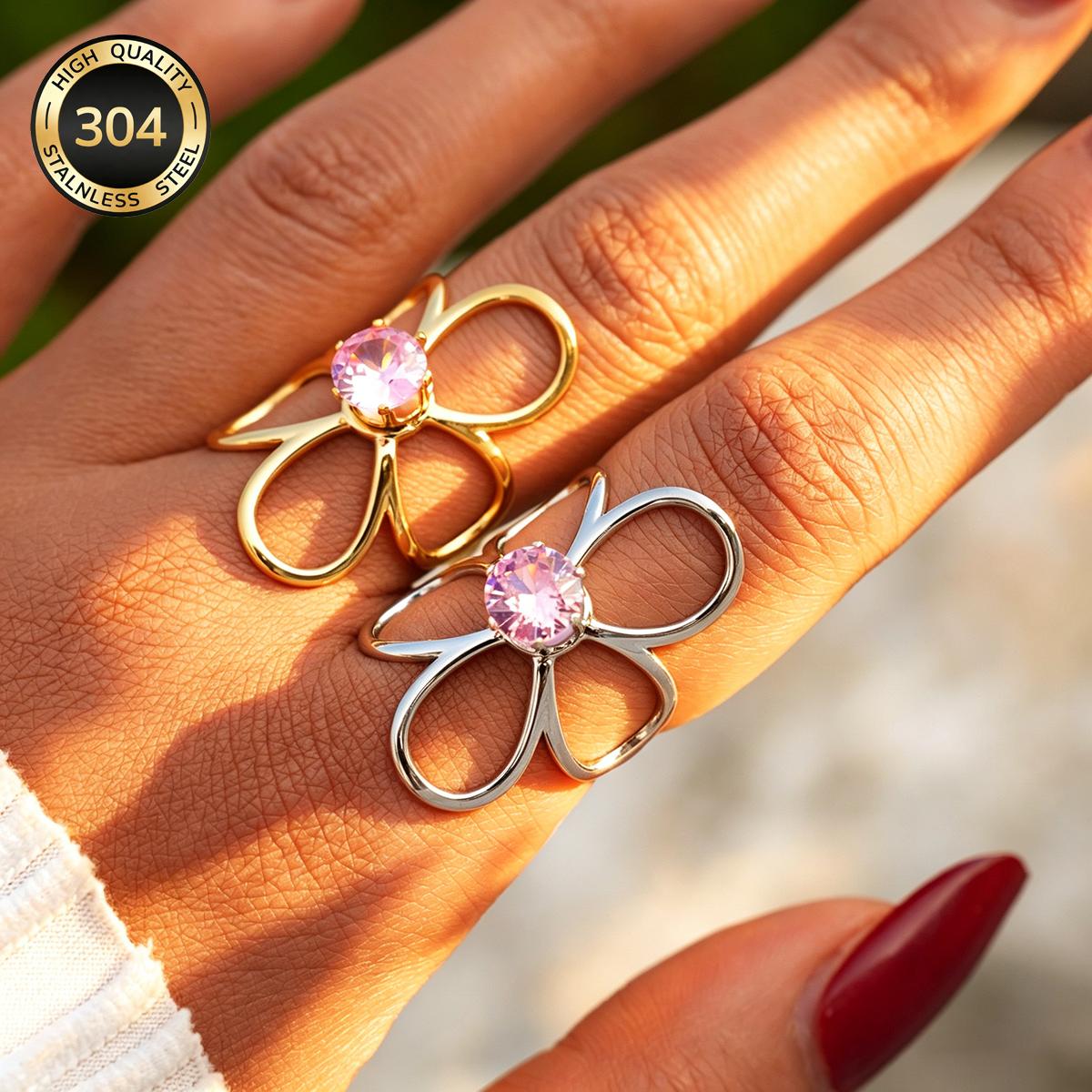 Women's 18K Gold Plated Zirconia Floral Stainless Steel Ring