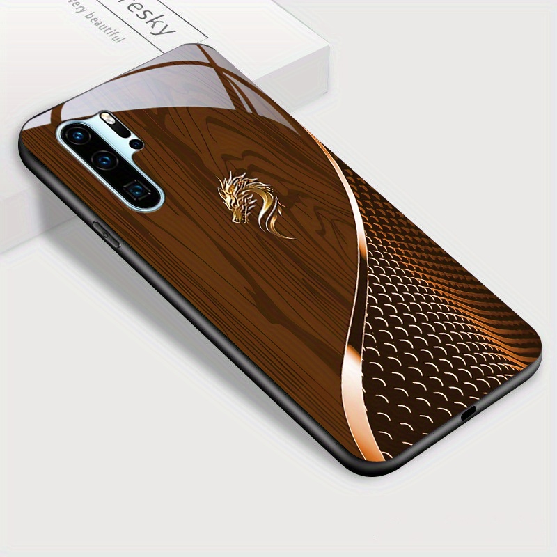 TEMU For P30 Phone Case, And Stylish Grain Print Glossy Tempered Glass Casing Shockproof Back Cover, Smartphone Case, Phone Protection, Premium Look,