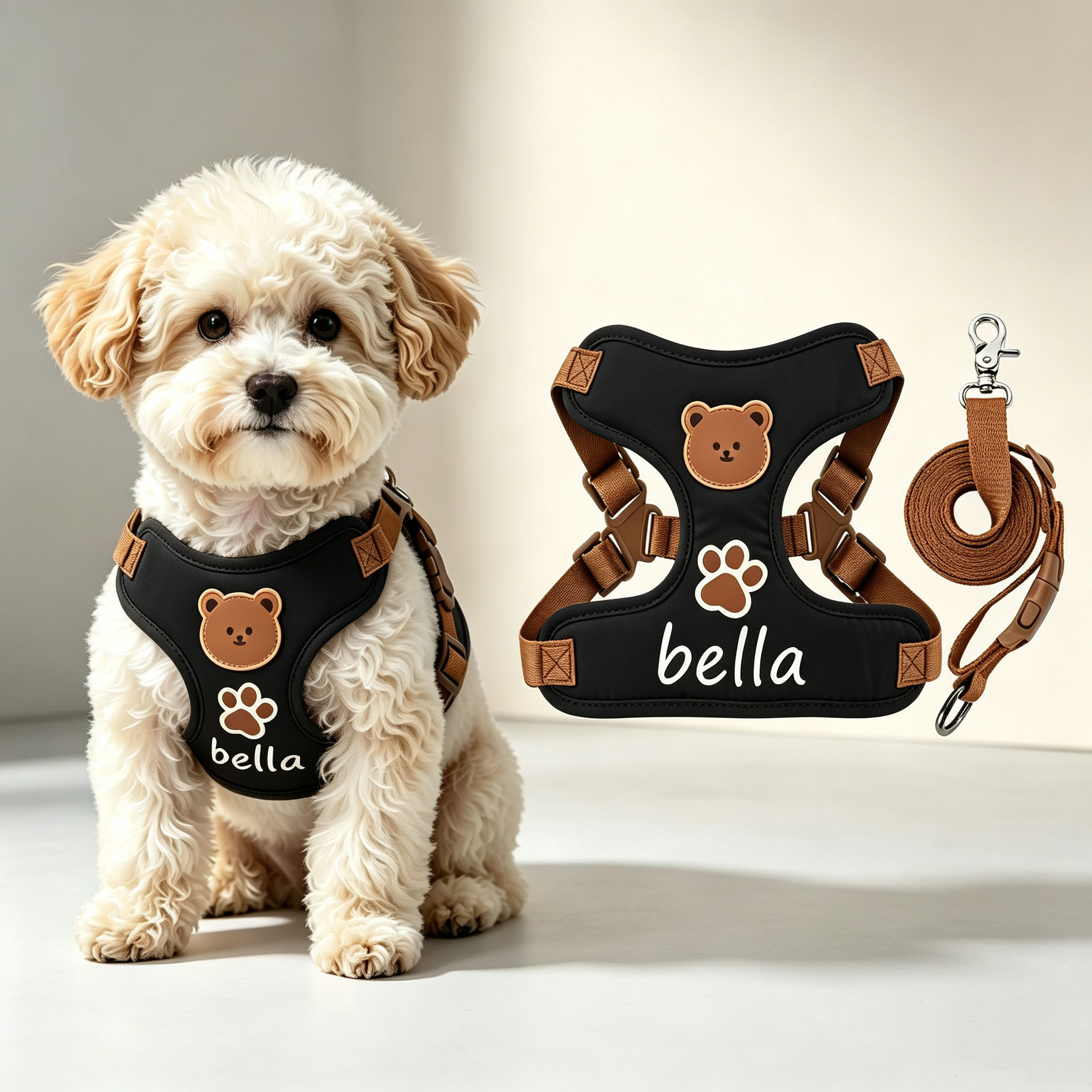 Solid Color Bear Pattern Dog Harness and Leash Set, Adjustable