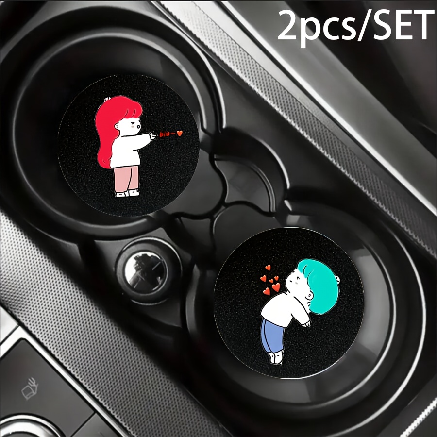 TEMU Lot de 2 tapis de porte-gobelet de voiture version Q mignonne pour couple pour - Antidérapants - -poussière - Accessoires intérieurs de voiture